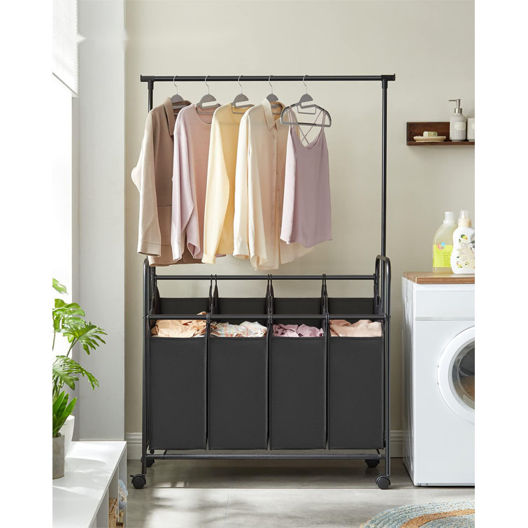 Rolling laundry hamper with hanging online bar